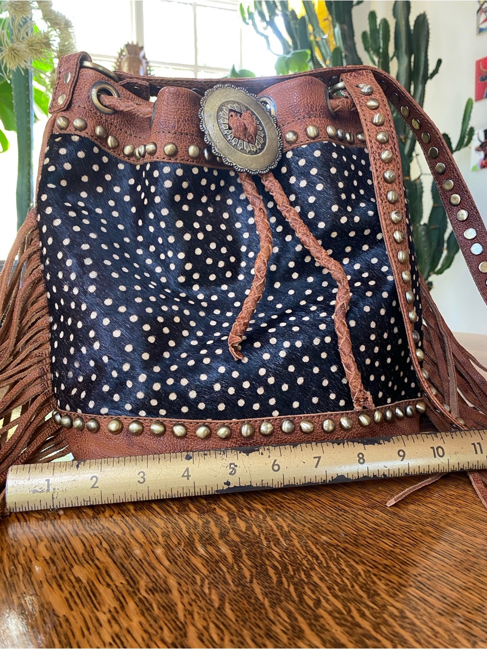 American Darling Black and Brown Leather Fringe Studded Shoulder Bag - Picture 4 of 15